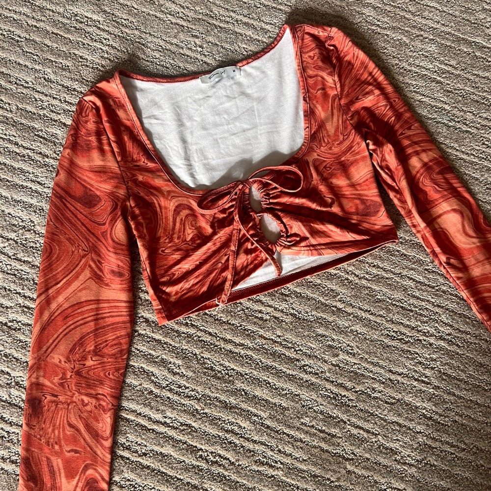 Marble Orange Long Sleeve Crop Top with Front Tie